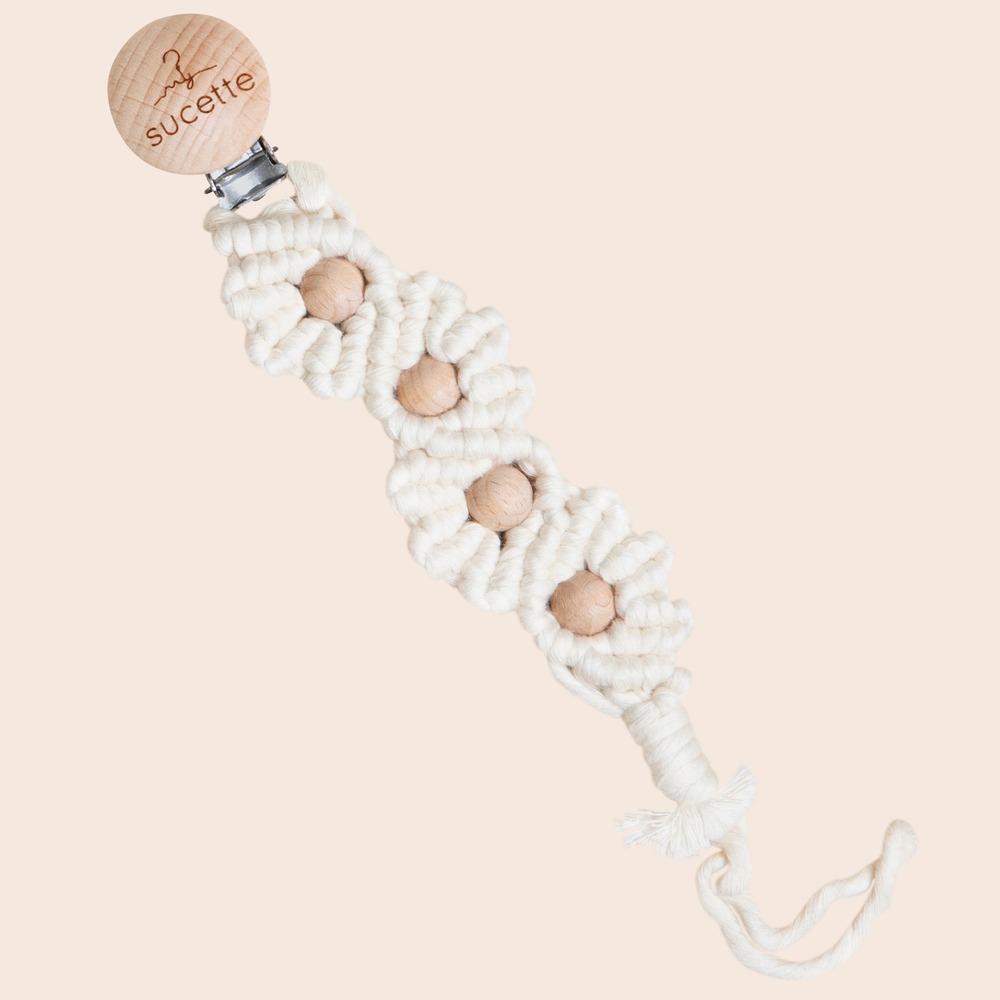 Sucette Macrame Pacifier Clip Boho Daisy Floral Wood Bead Soother Holder Cream